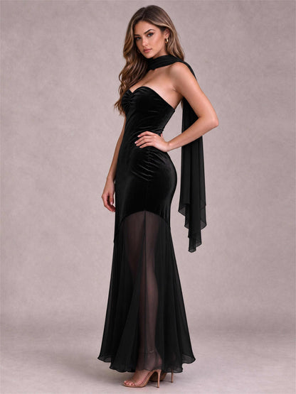Elegant Strapless Mermaid Velvet Floor-Length Wedding Guest Dress with Scarf and Split Side