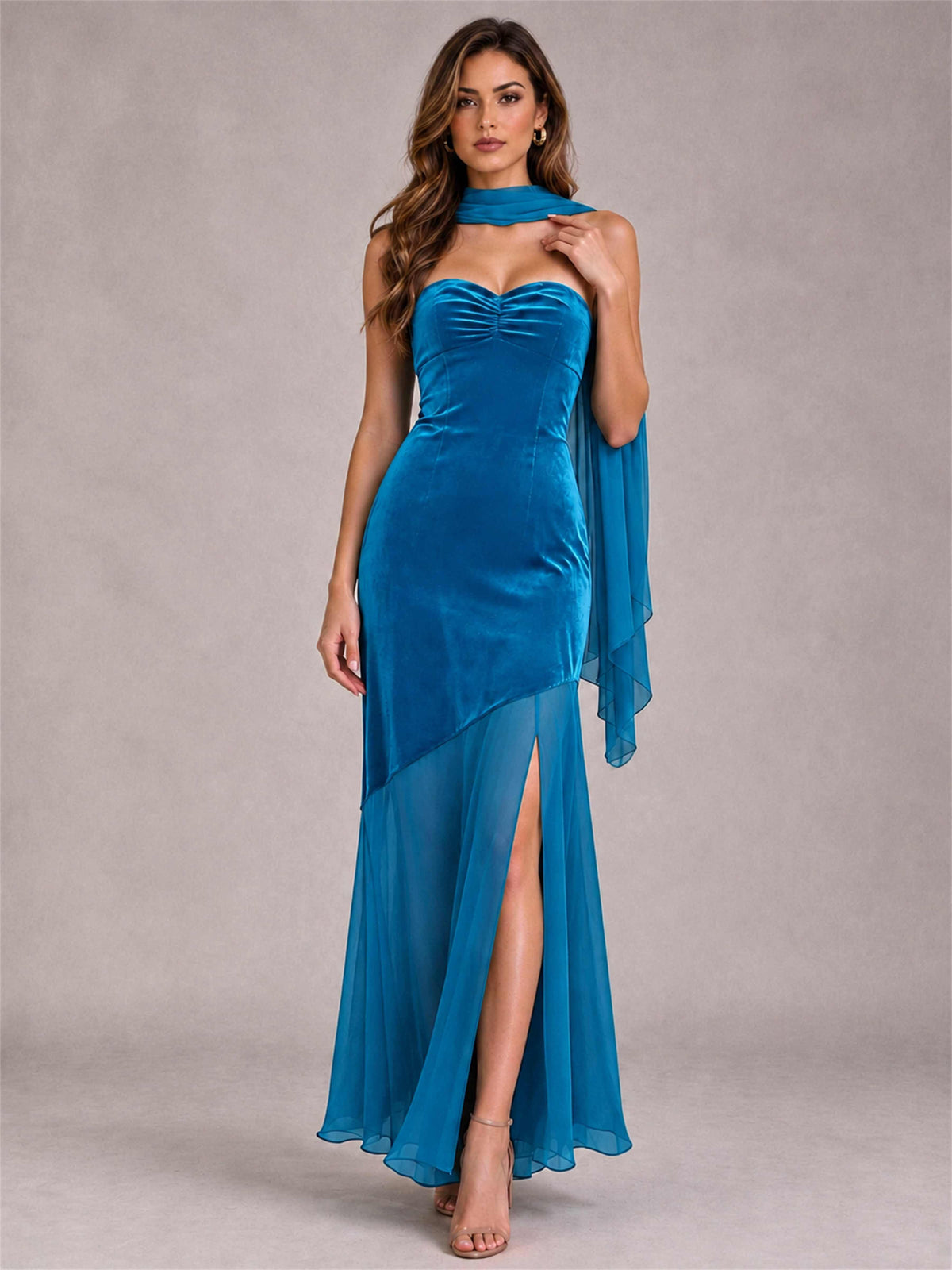 Elegant Strapless Mermaid Velvet Floor-Length Wedding Guest Dress with Scarf and Split Side