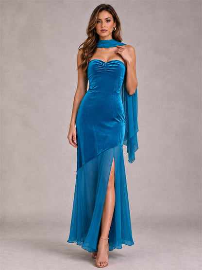 Elegant Strapless Mermaid Velvet Floor-Length Wedding Guest Dress with Scarf and Split Side