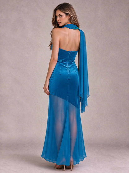 Elegant Strapless Mermaid Velvet Floor-Length Wedding Guest Dress with Scarf and Split Side