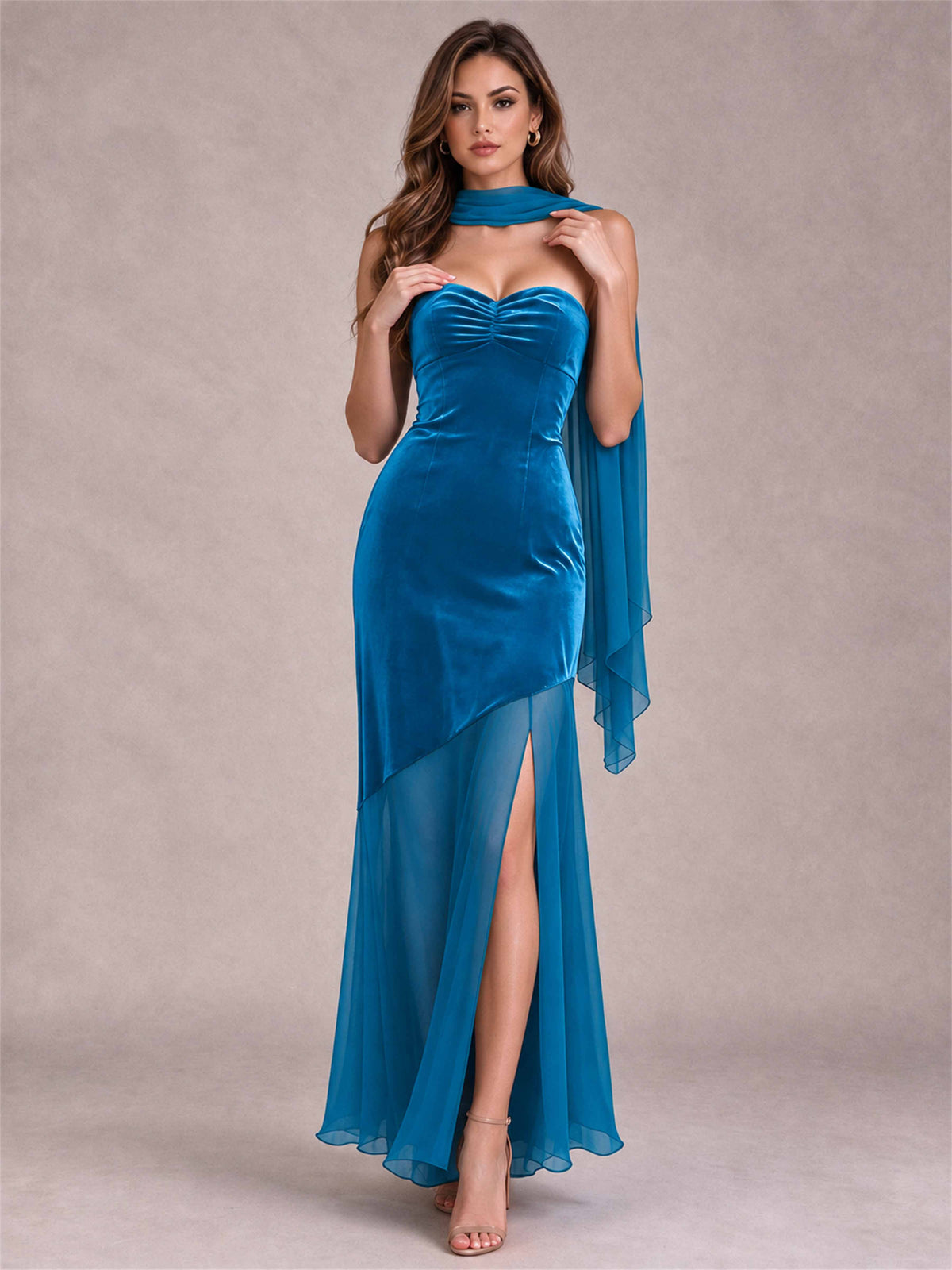 Elegant Strapless Mermaid Velvet Floor-Length Wedding Guest Dress with Scarf and Split Side