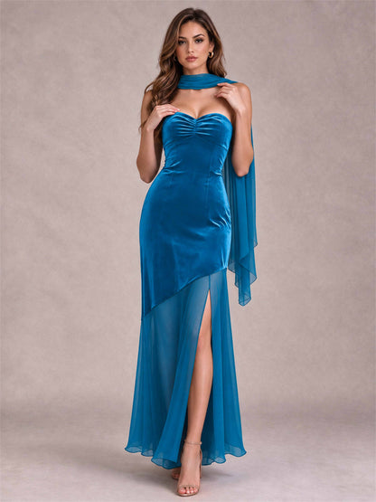 Elegant Strapless Mermaid Velvet Floor-Length Wedding Guest Dress with Scarf and Split Side