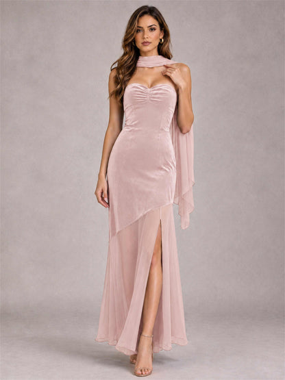 Elegant Strapless Mermaid Velvet Floor-Length Wedding Guest Dress with Scarf and Split Side