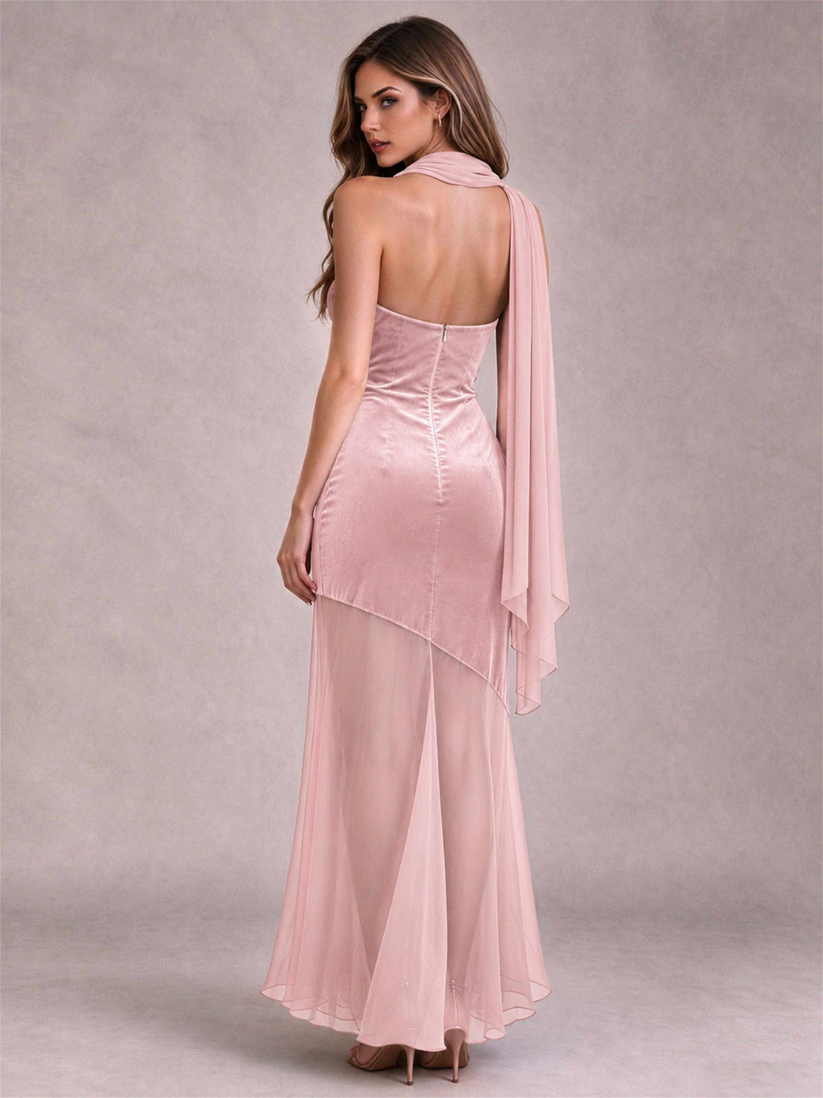 Elegant Strapless Mermaid Velvet Floor-Length Wedding Guest Dress with Scarf and Split Side
