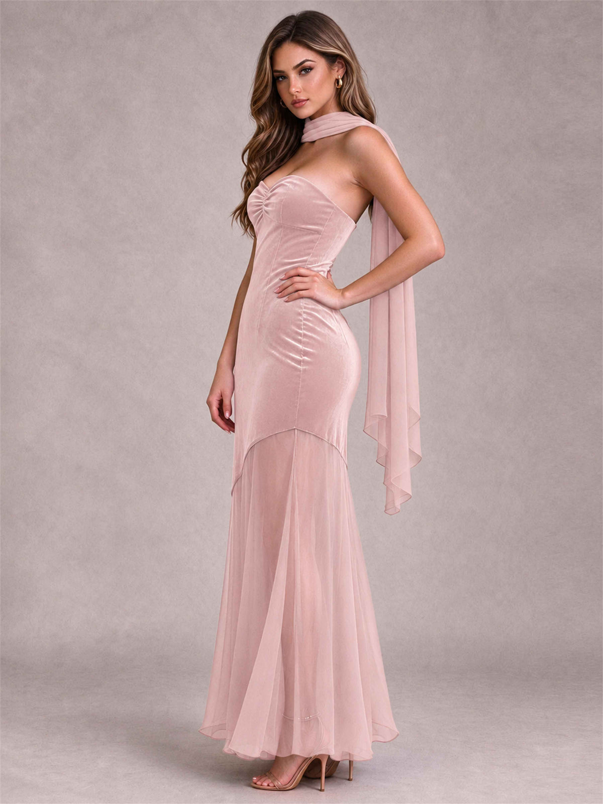 Elegant Strapless Mermaid Velvet Floor-Length Wedding Guest Dress with Scarf and Split Side