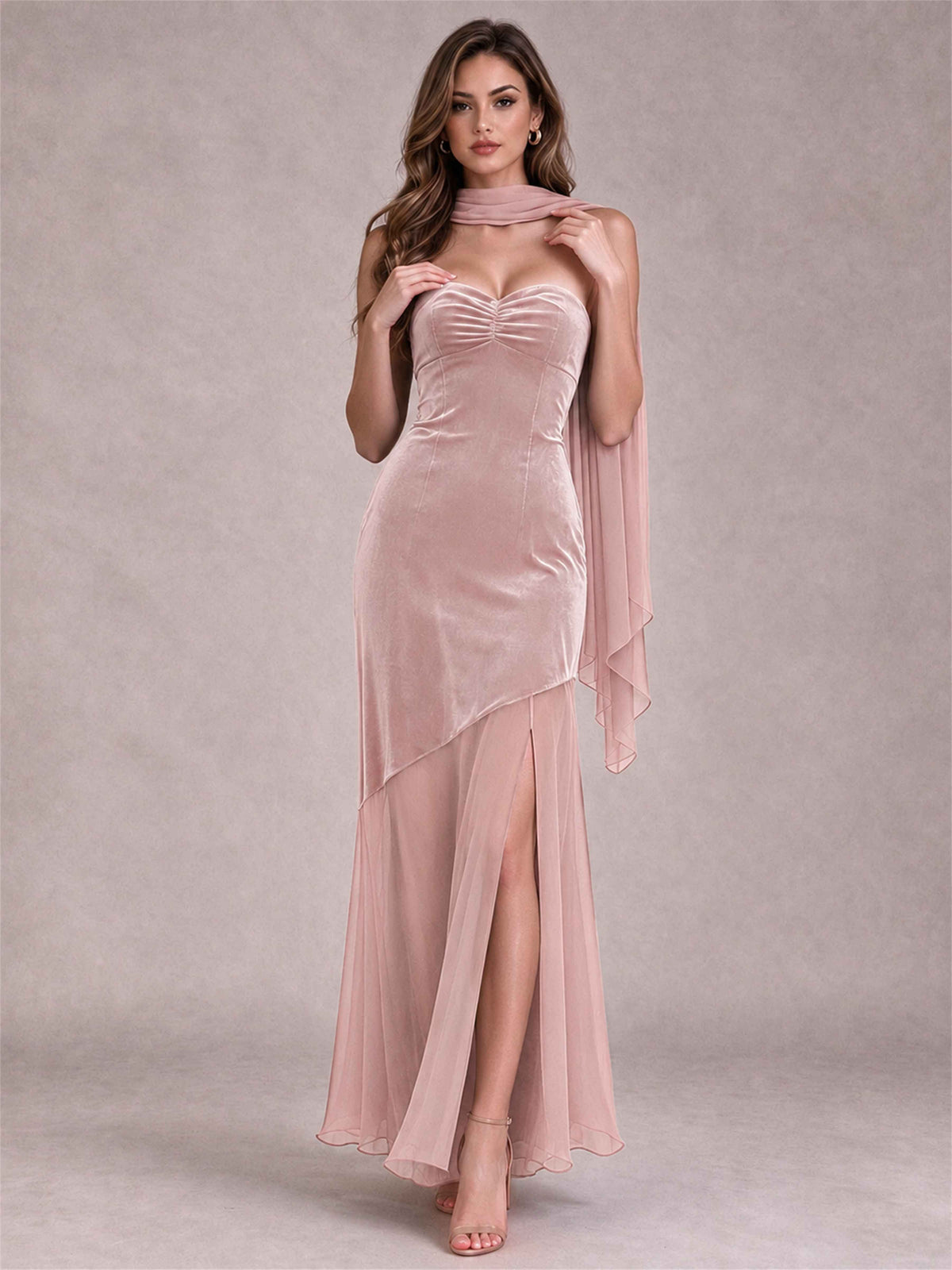 Elegant Strapless Mermaid Velvet Floor-Length Wedding Guest Dress with Scarf and Split Side