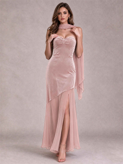 Elegant Strapless Mermaid Velvet Floor-Length Wedding Guest Dress with Scarf and Split Side