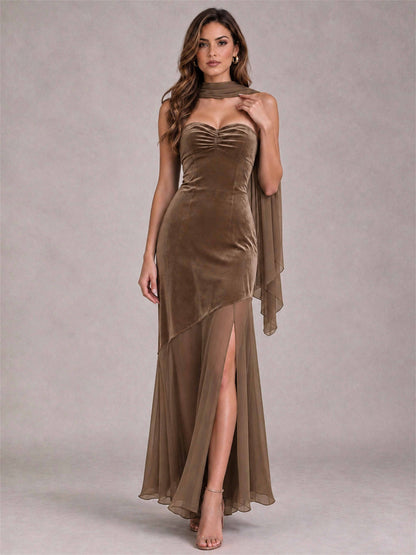 Elegant Strapless Mermaid Velvet Floor-Length Wedding Guest Dress with Scarf and Split Side