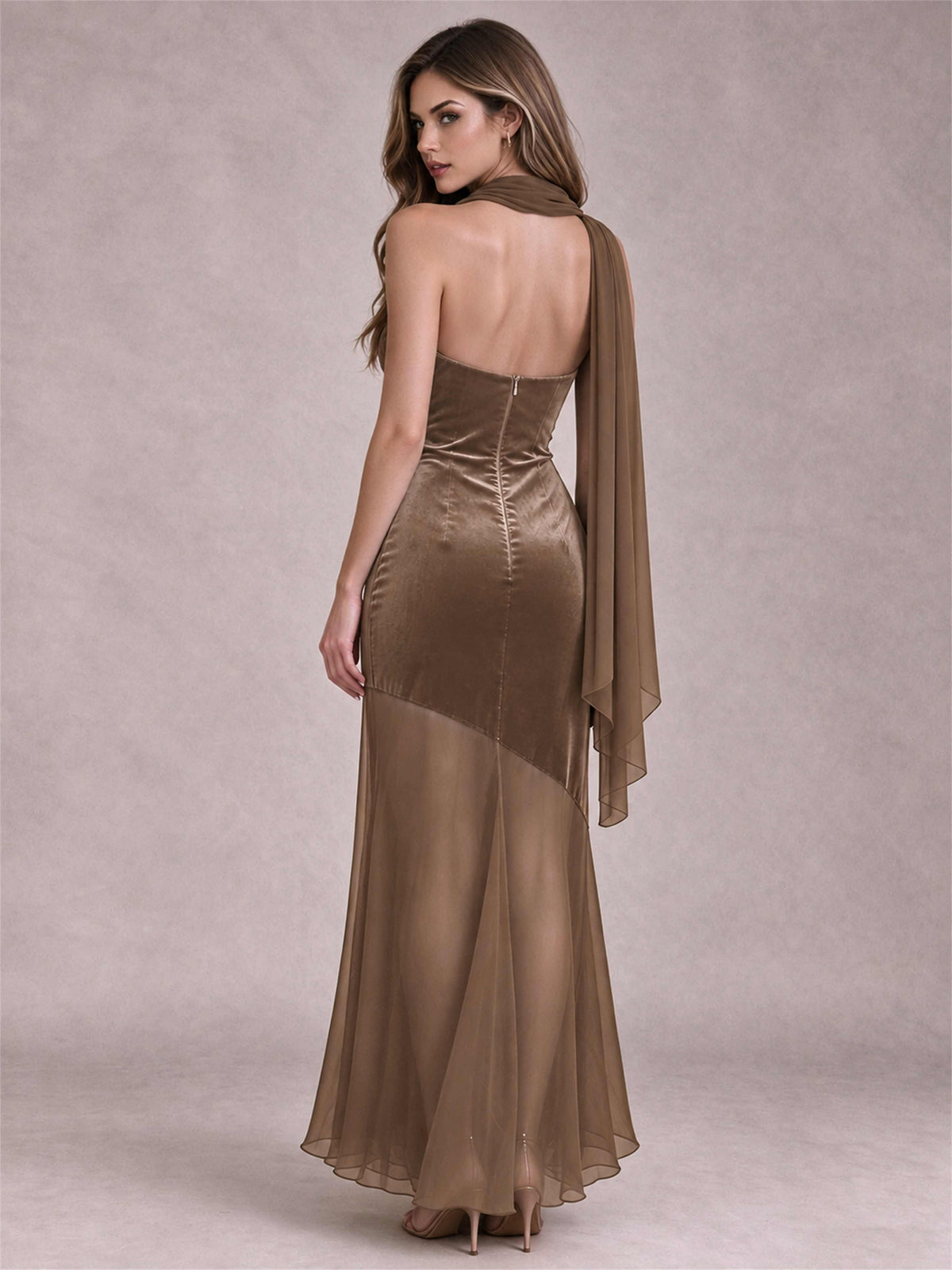 Elegant Strapless Mermaid Velvet Floor-Length Wedding Guest Dress with Scarf and Split Side