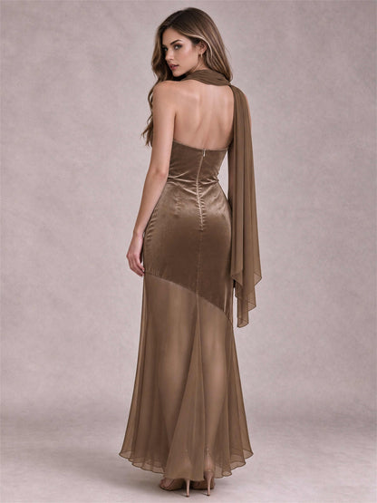 Elegant Strapless Mermaid Velvet Floor-Length Wedding Guest Dress with Scarf and Split Side