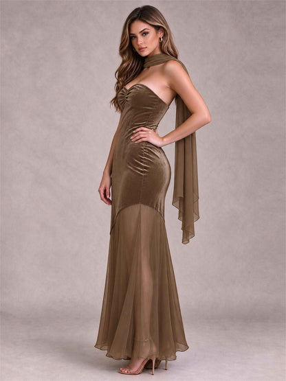 Elegant Strapless Mermaid Velvet Floor-Length Wedding Guest Dress with Scarf and Split Side