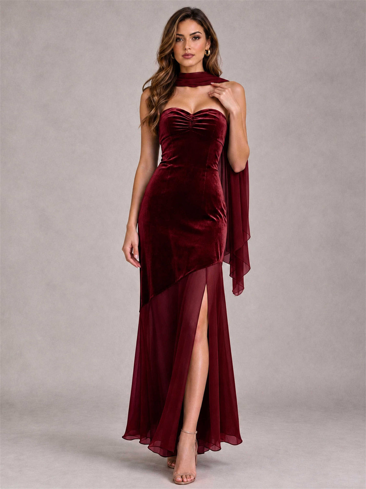 Elegant Strapless Mermaid Velvet Floor-Length Wedding Guest Dress with Scarf and Split Side