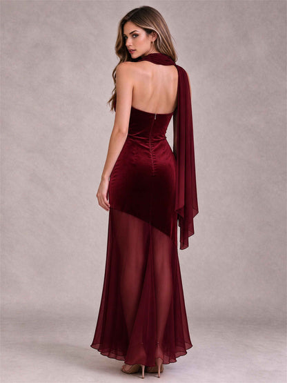 Elegant Strapless Mermaid Velvet Floor-Length Wedding Guest Dress with Scarf and Split Side