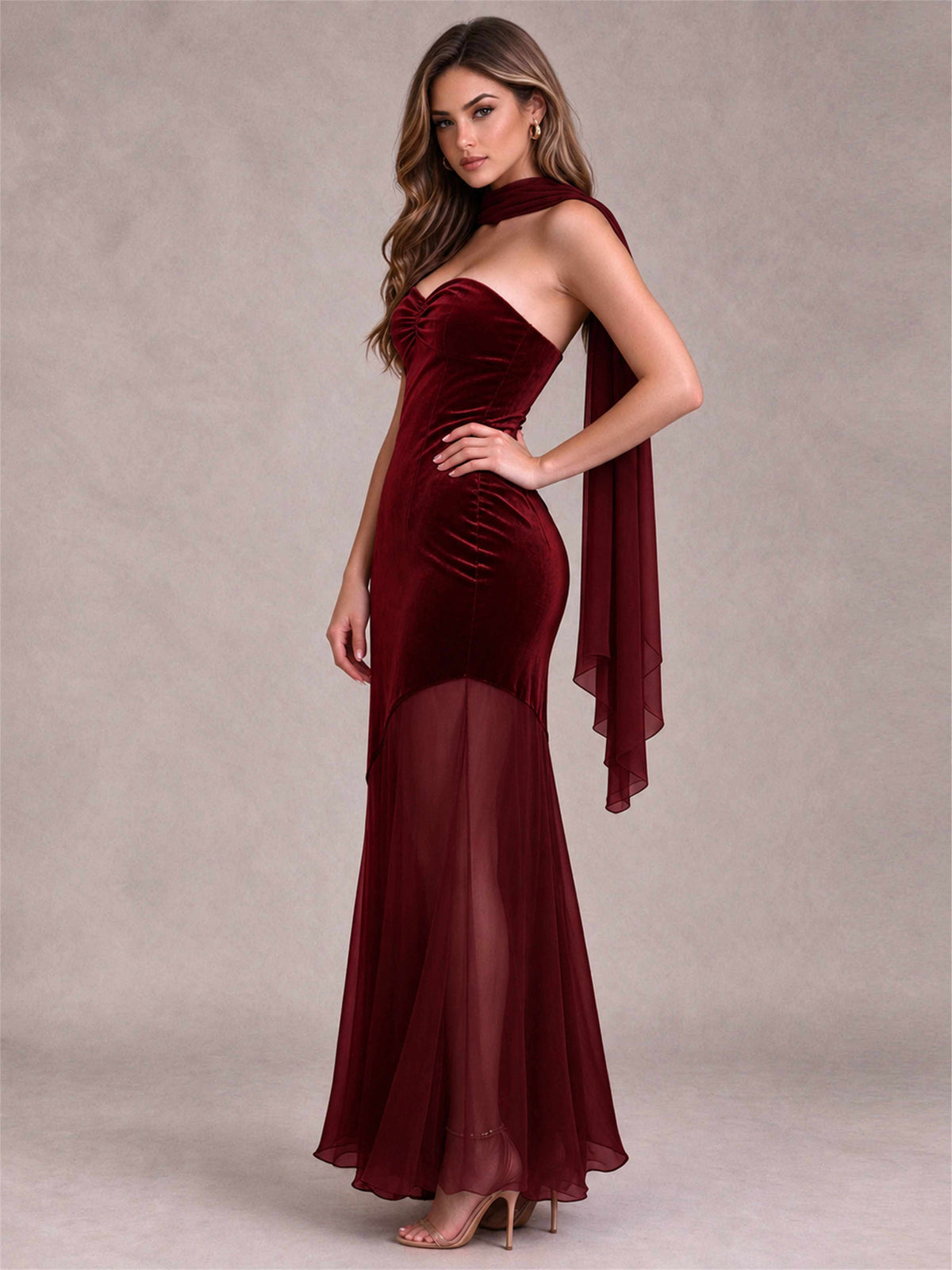 Elegant Strapless Mermaid Velvet Floor-Length Wedding Guest Dress with Scarf and Split Side