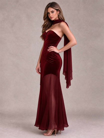 Elegant Strapless Mermaid Velvet Floor-Length Wedding Guest Dress with Scarf and Split Side