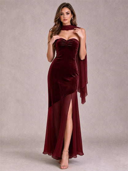 Elegant Strapless Mermaid Velvet Floor-Length Wedding Guest Dress with Scarf and Split Side