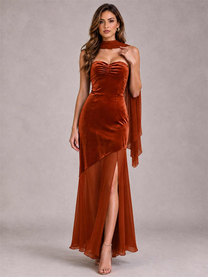 Elegant Strapless Mermaid Velvet Floor-Length Wedding Guest Dress with Scarf and Split Side