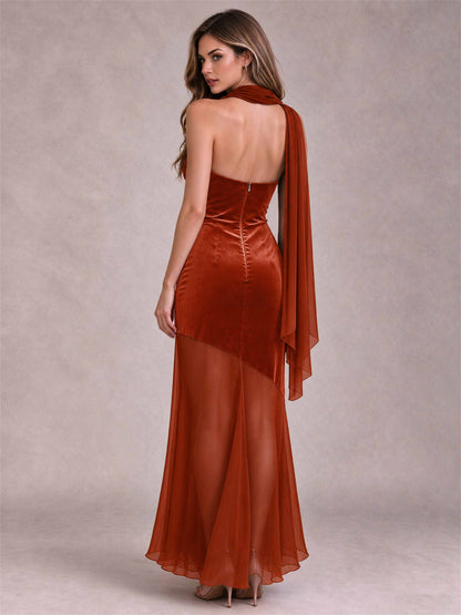 Elegant Strapless Mermaid Velvet Floor-Length Wedding Guest Dress with Scarf and Split Side