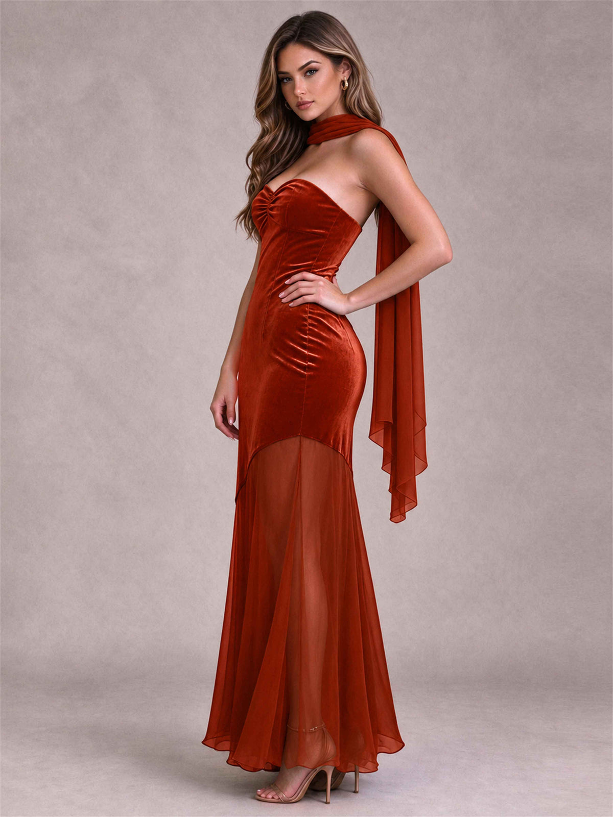 Elegant Strapless Mermaid Velvet Floor-Length Wedding Guest Dress with Scarf and Split Side