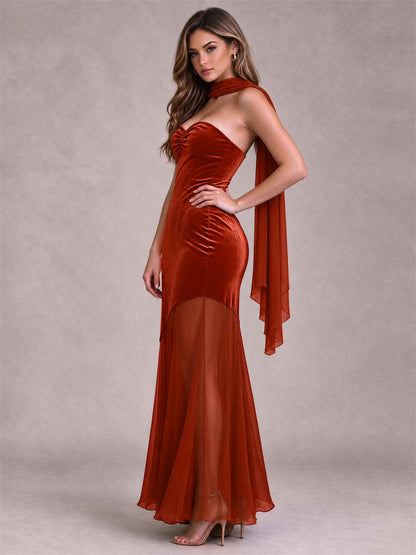 Elegant Strapless Mermaid Velvet Floor-Length Wedding Guest Dress with Scarf and Split Side
