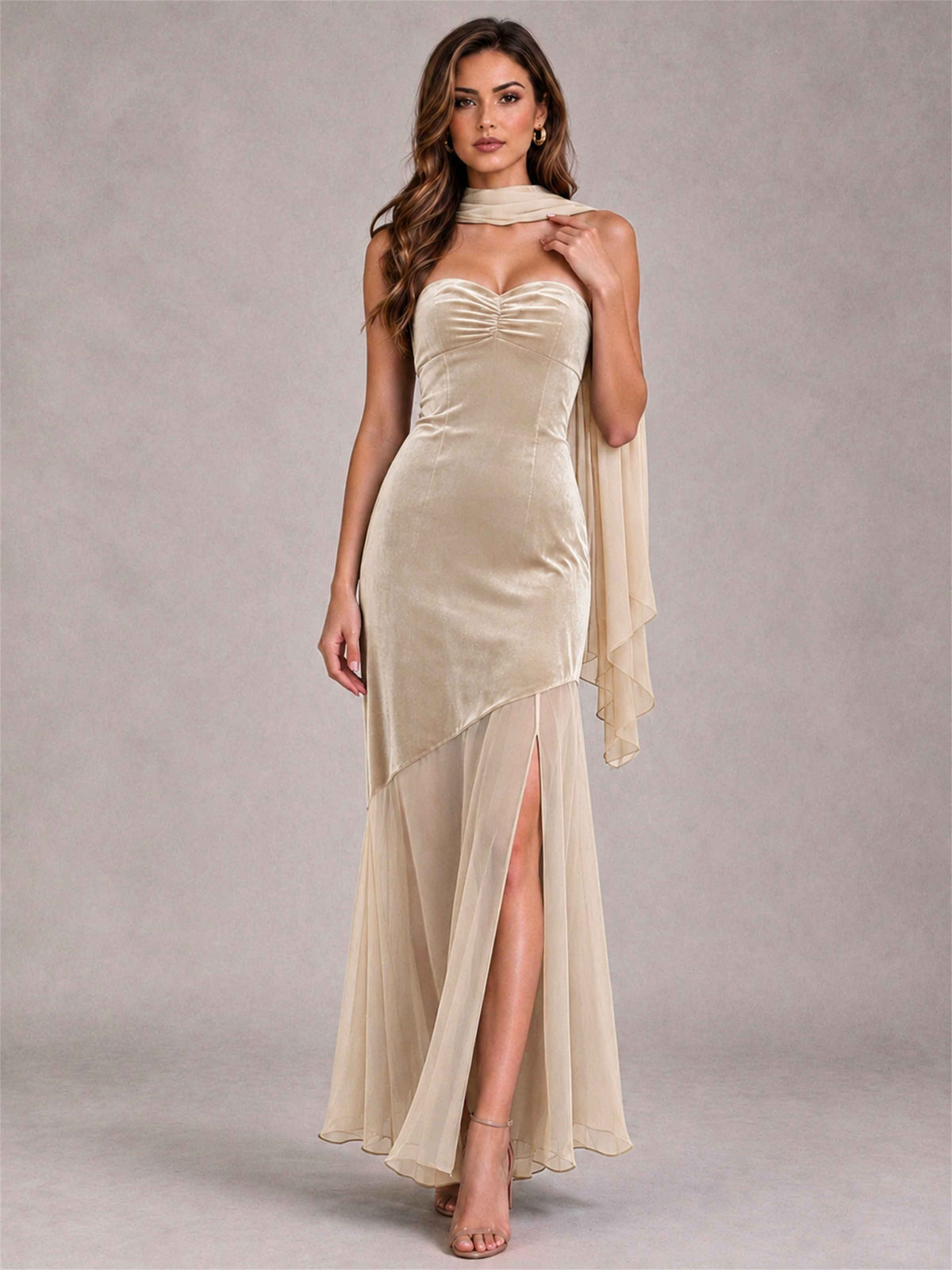 Elegant Strapless Mermaid Velvet Floor-Length Wedding Guest Dress with Scarf and Split Side