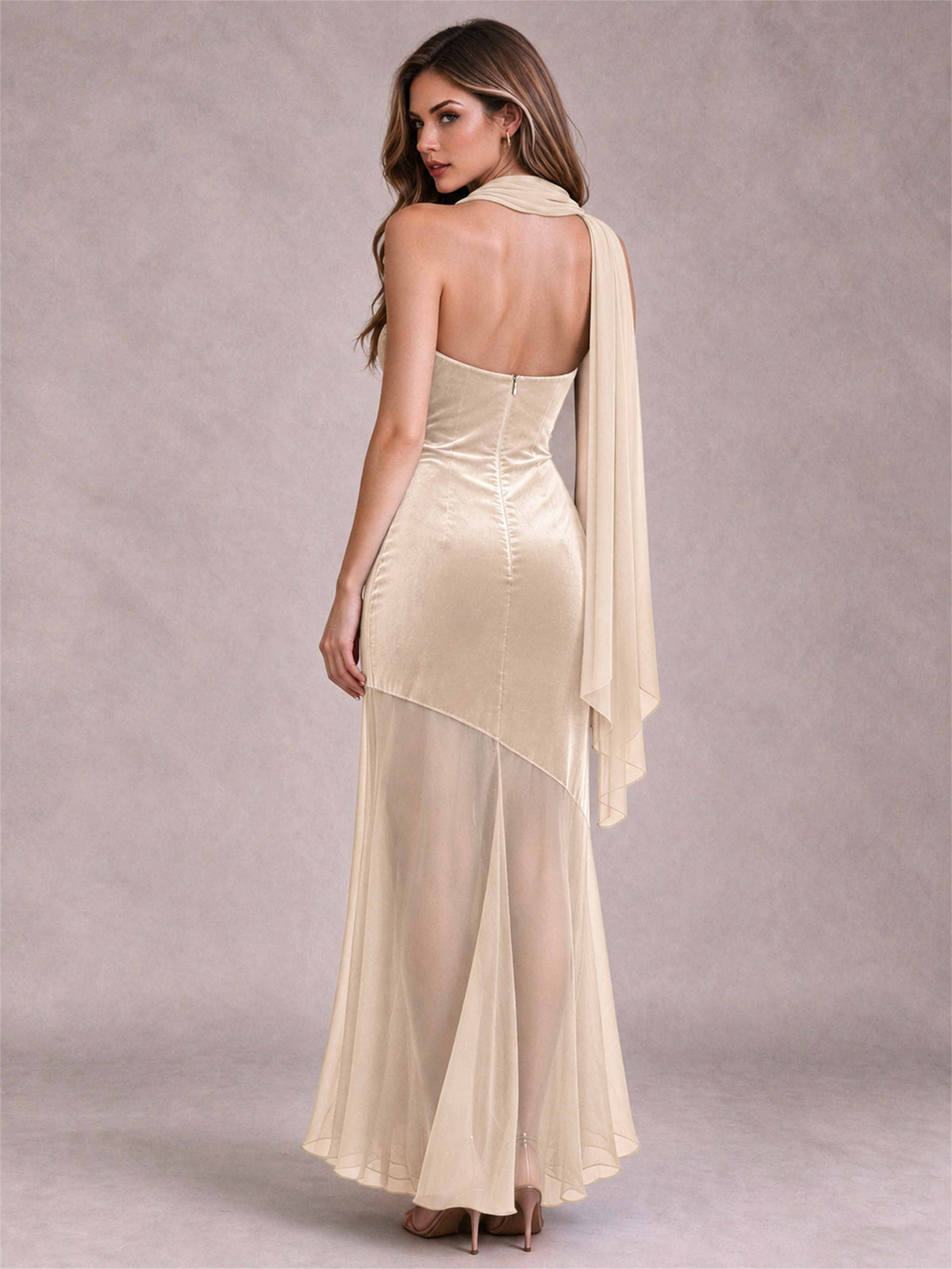 Elegant Strapless Mermaid Velvet Floor-Length Wedding Guest Dress with Scarf and Split Side