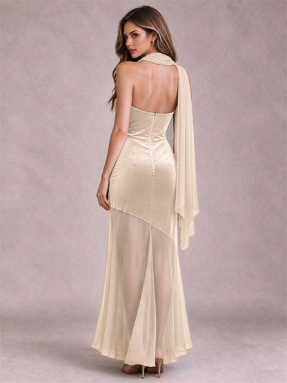 Elegant Strapless Mermaid Velvet Floor-Length Wedding Guest Dress with Scarf and Split Side