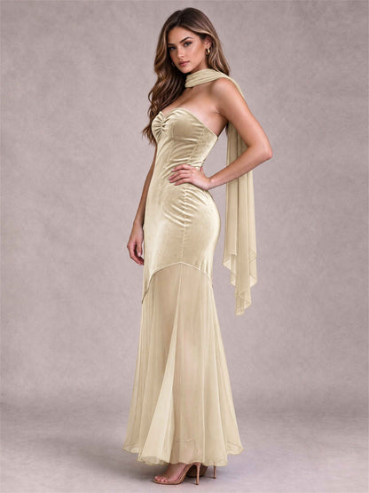 Elegant Strapless Mermaid Velvet Floor-Length Wedding Guest Dress with Scarf and Split Side