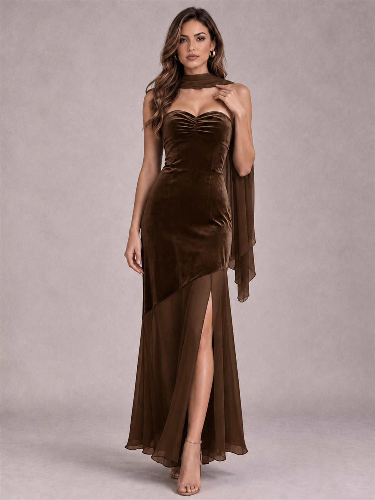 Elegant Strapless Mermaid Velvet Floor-Length Wedding Guest Dress with Scarf and Split Side
