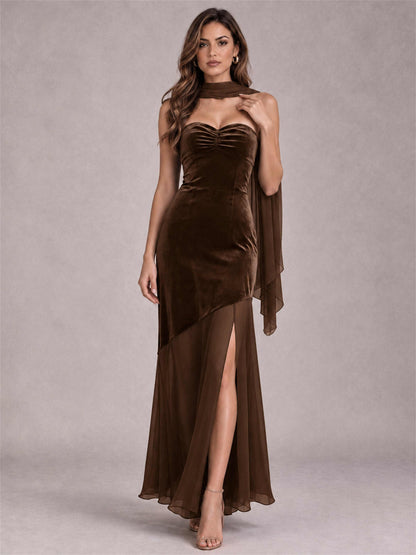 Elegant Strapless Mermaid Velvet Floor-Length Wedding Guest Dress with Scarf and Split Side