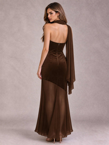 Elegant Strapless Mermaid Velvet Floor-Length Wedding Guest Dress with Scarf and Split Side