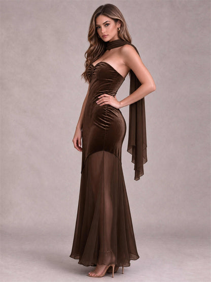 Elegant Strapless Mermaid Velvet Floor-Length Wedding Guest Dress with Scarf and Split Side