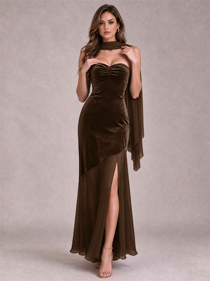 Elegant Strapless Mermaid Velvet Floor-Length Wedding Guest Dress with Scarf and Split Side