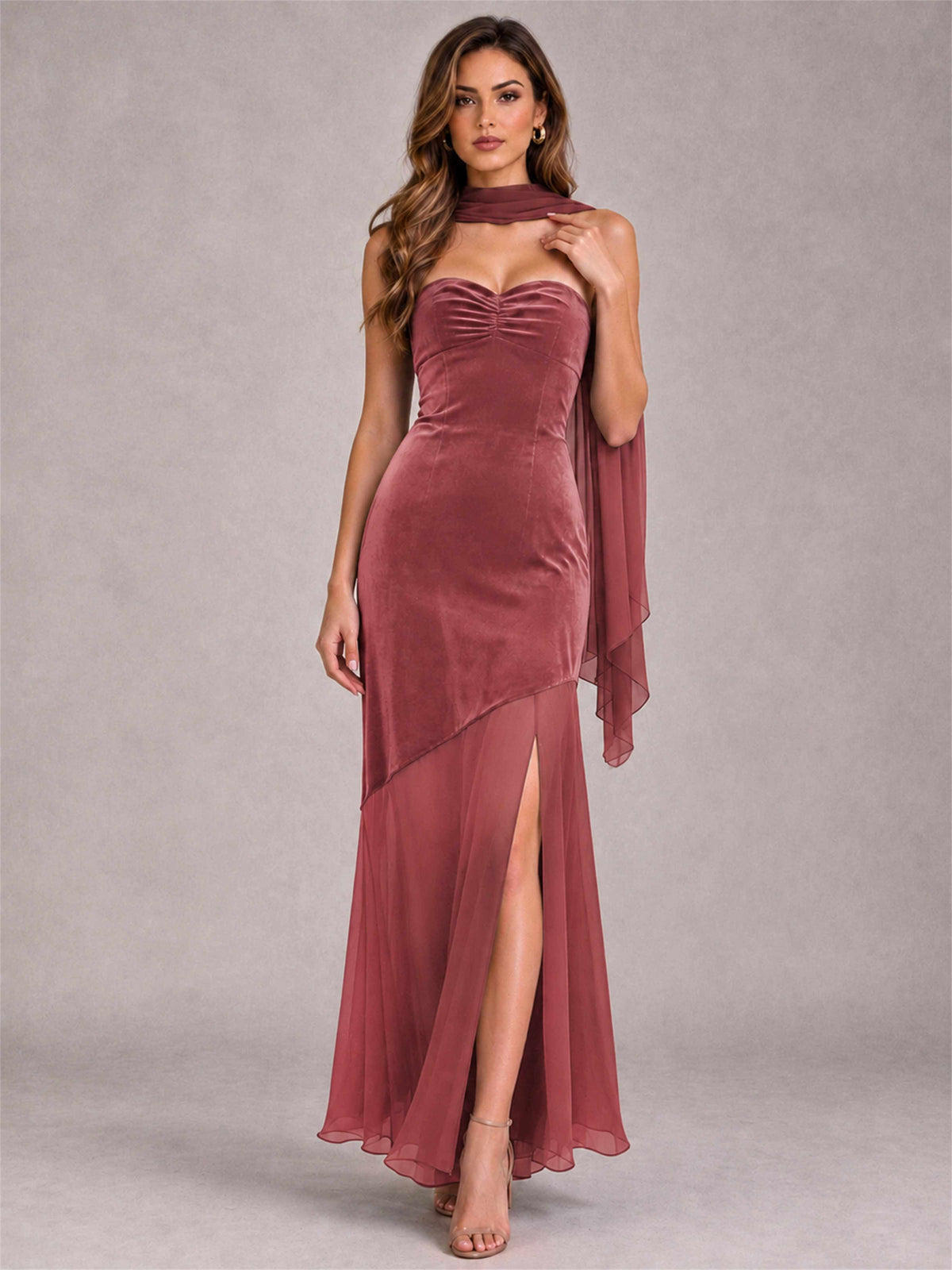 Elegant Strapless Mermaid Velvet Floor-Length Wedding Guest Dress with Scarf and Split Side