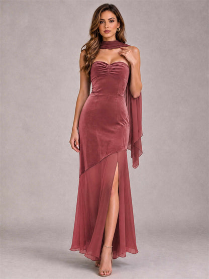 Elegant Strapless Mermaid Velvet Floor-Length Wedding Guest Dress with Scarf and Split Side