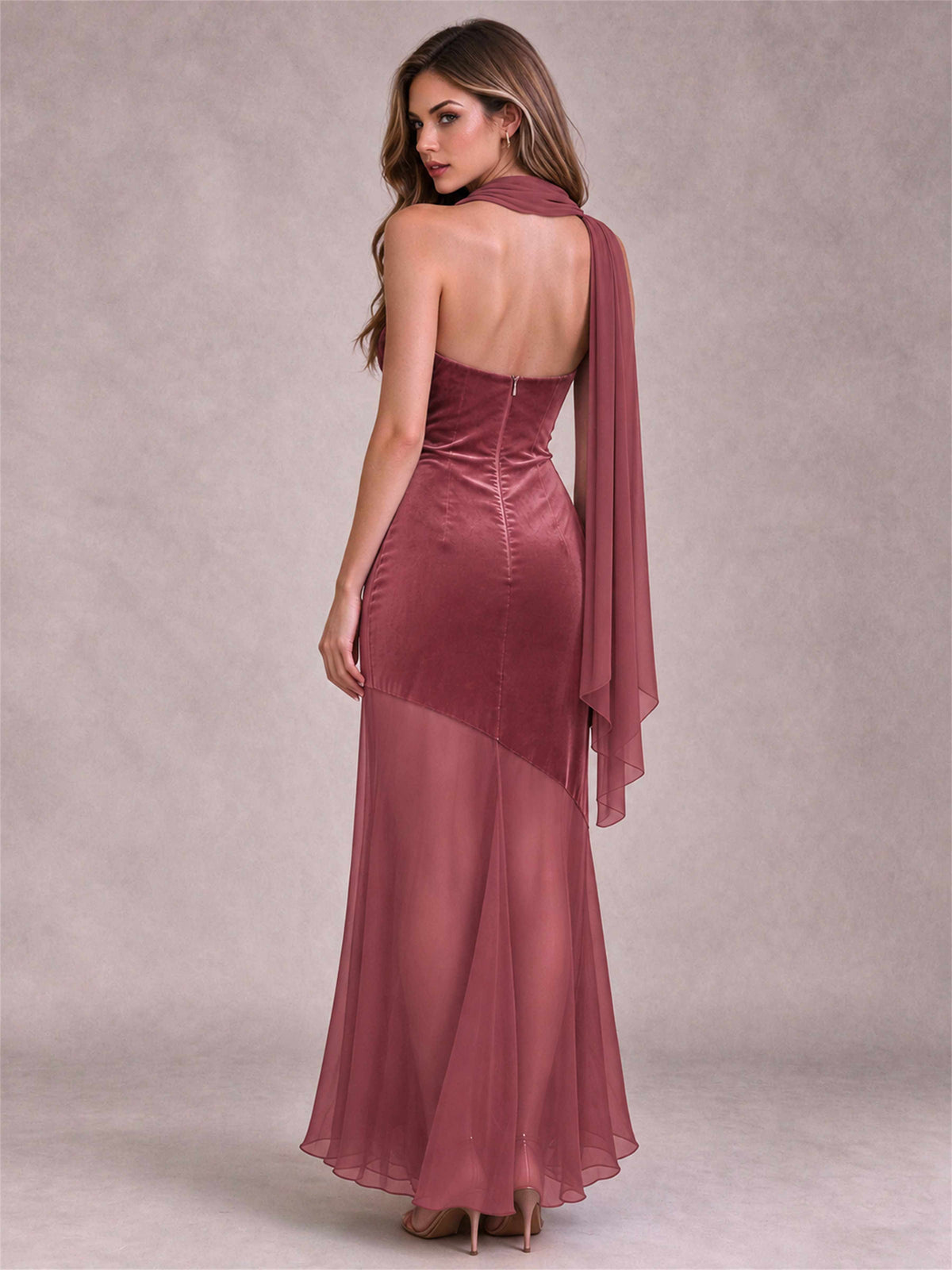Elegant Strapless Mermaid Velvet Floor-Length Wedding Guest Dress with Scarf and Split Side