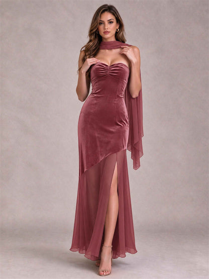 Elegant Strapless Mermaid Velvet Floor-Length Wedding Guest Dress with Scarf and Split Side