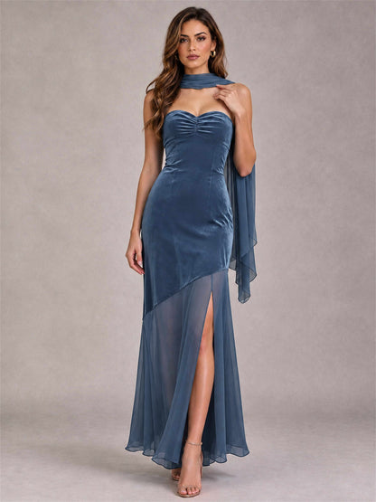 Elegant Strapless Mermaid Velvet Floor-Length Wedding Guest Dress with Scarf and Split Side