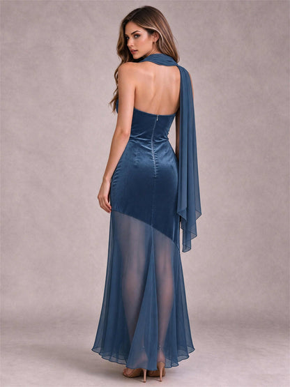 Elegant Strapless Mermaid Velvet Floor-Length Wedding Guest Dress with Scarf and Split Side