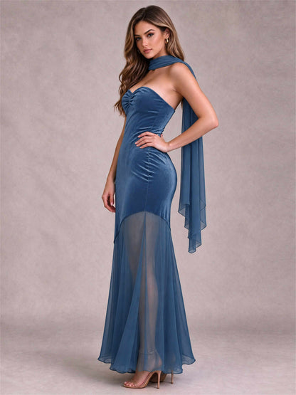 Elegant Strapless Mermaid Velvet Floor-Length Wedding Guest Dress with Scarf and Split Side
