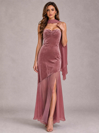 Elegant Strapless Mermaid Velvet Floor-Length Wedding Guest Dress with Scarf and Split Side