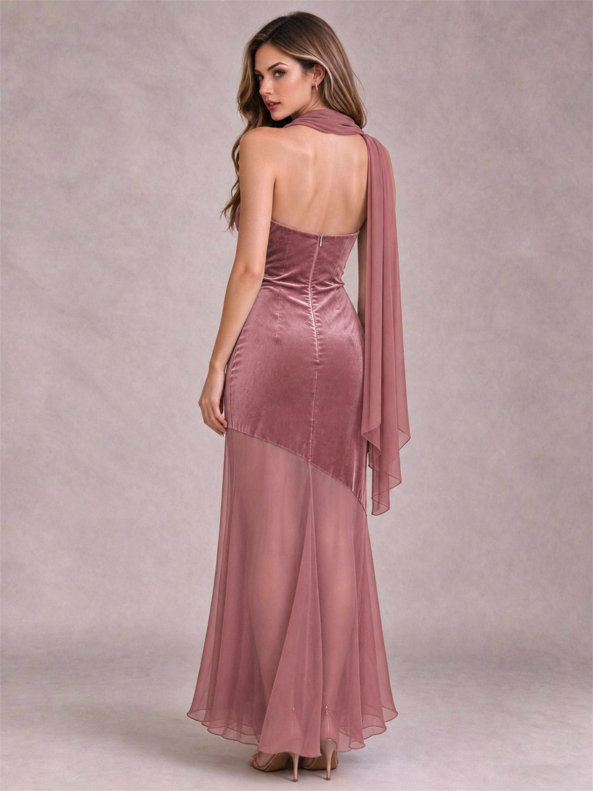 Elegant Strapless Mermaid Velvet Floor-Length Wedding Guest Dress with Scarf and Split Side