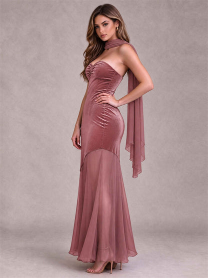 Elegant Strapless Mermaid Velvet Floor-Length Wedding Guest Dress with Scarf and Split Side