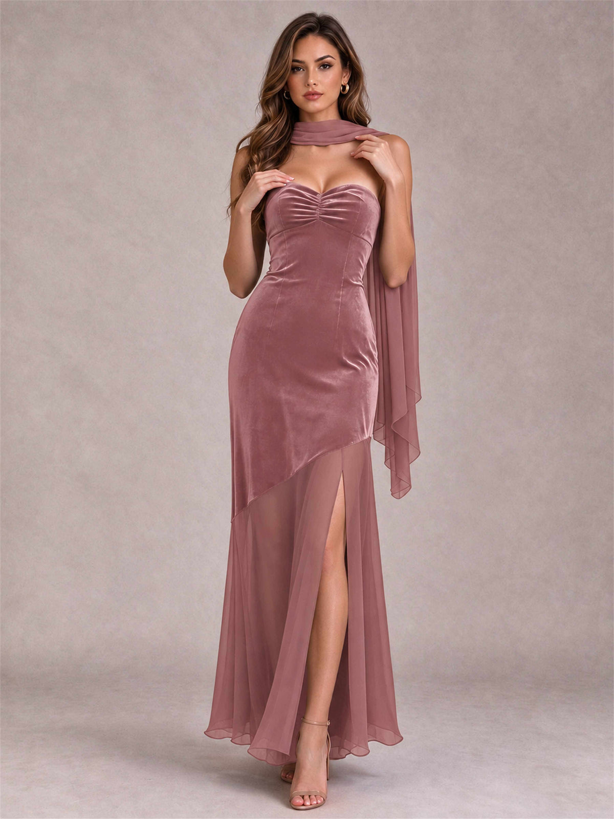 Elegant Strapless Mermaid Velvet Floor-Length Wedding Guest Dress with Scarf and Split Side