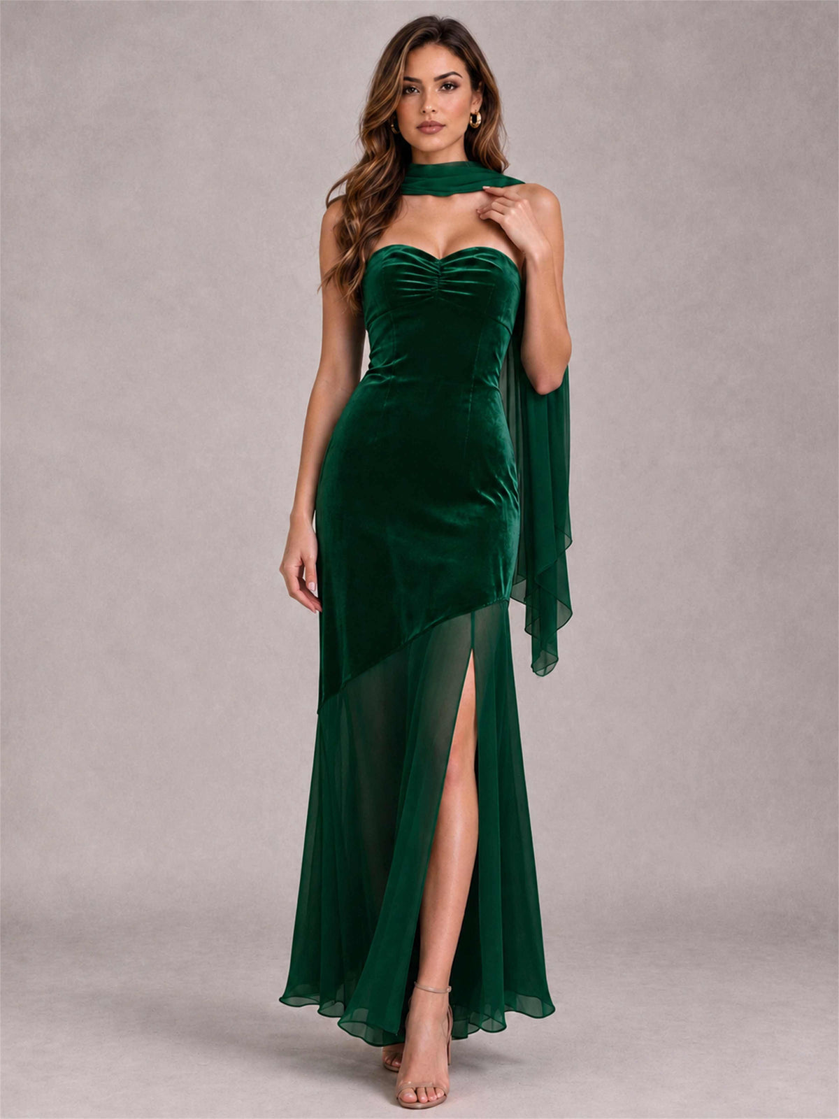 Elegant Strapless Mermaid Velvet Floor-Length Wedding Guest Dress with Scarf and Split Side