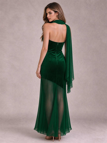 Elegant Strapless Mermaid Velvet Floor-Length Wedding Guest Dress with Scarf and Split Side