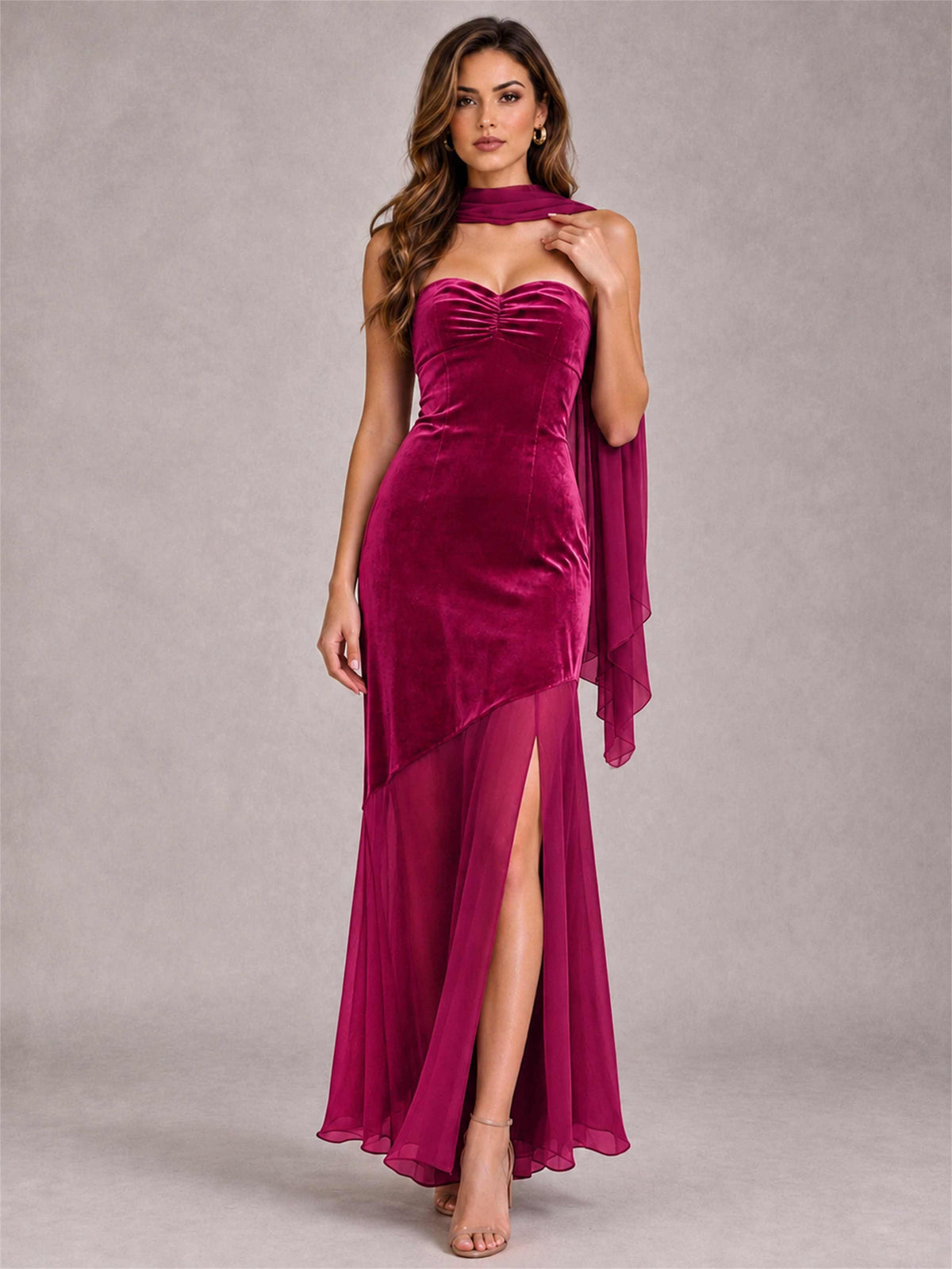Elegant Strapless Mermaid Velvet Floor-Length Wedding Guest Dress with Scarf and Split Side