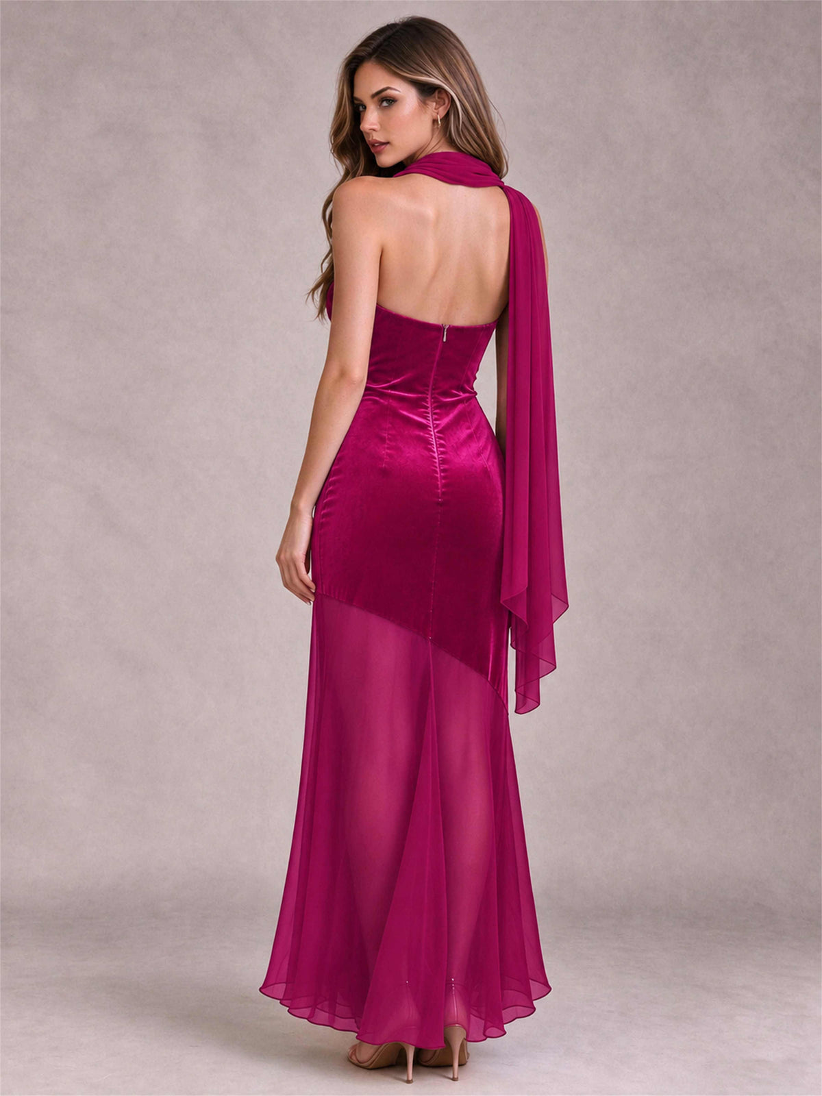 Elegant Strapless Mermaid Velvet Floor-Length Wedding Guest Dress with Scarf and Split Side