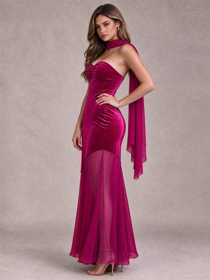Elegant Strapless Mermaid Velvet Floor-Length Wedding Guest Dress with Scarf and Split Side