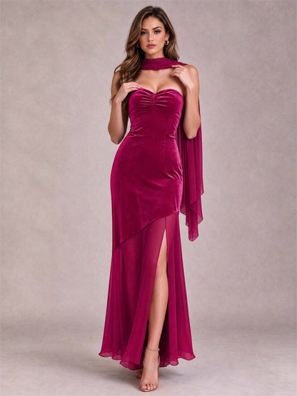 Elegant Strapless Mermaid Velvet Floor-Length Wedding Guest Dress with Scarf and Split Side